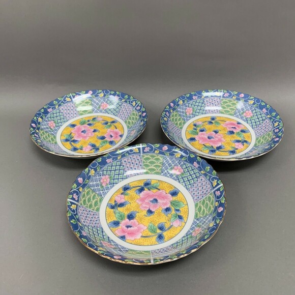 Gump's Botan Soup Cereal Bowls Blue Yellow Pink Multi-color Floral Flowers Lot 3 - Picture 1 of 8